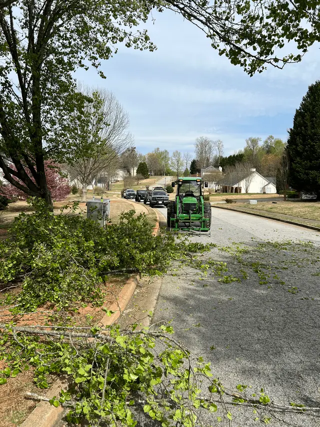 Green tractor parked on a neighborhood street beside a pile of cut branches